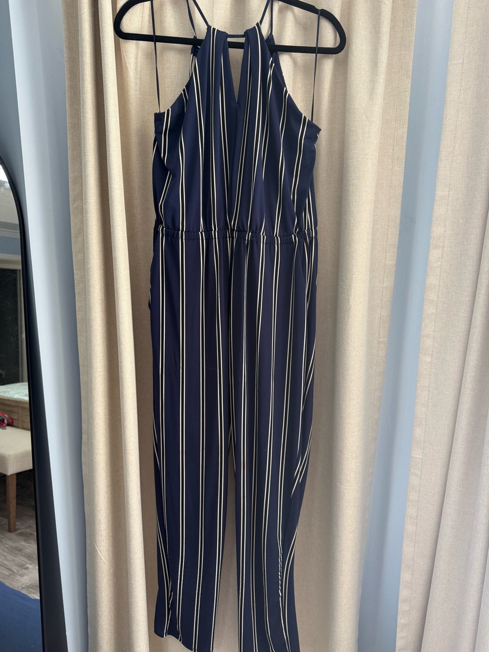 Express Navy and Cream Striped Halter Jumpsuit